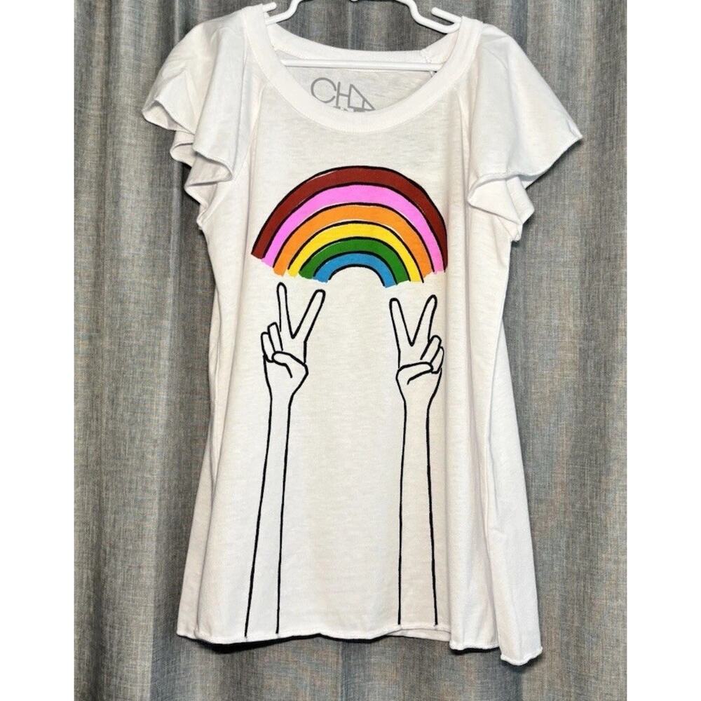 Chaser Girls Rainbow Peace Sign Flutter Short Sleeve T Shirt White Size 10 Girls